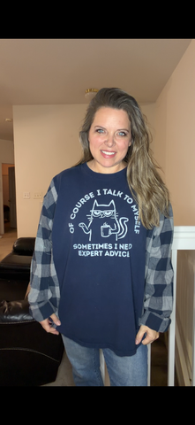 Upcycled Cat Advice - women's 4X T-shirt with flannel sleeves