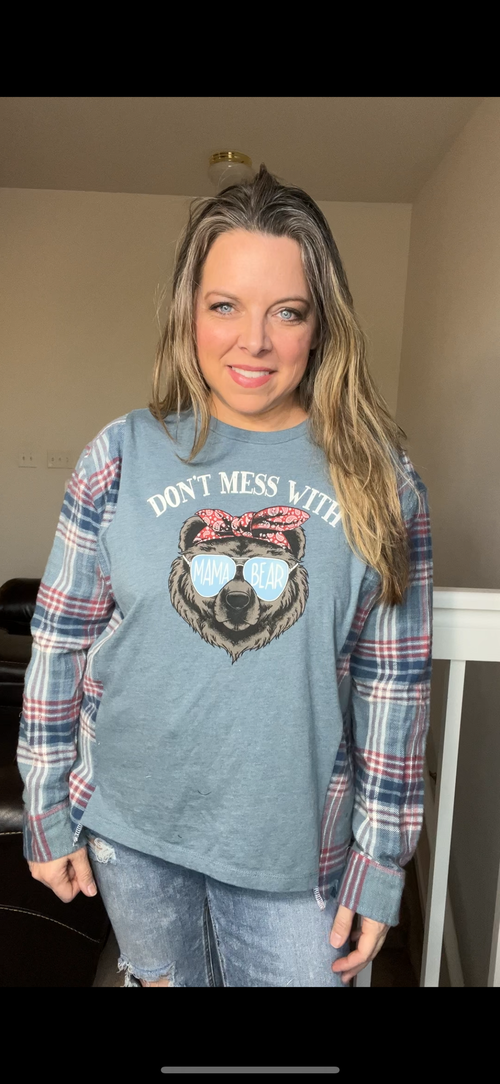 Upcycled Mama Bear – women’s XS/small - t-shirt with FITTED flannel sleeves