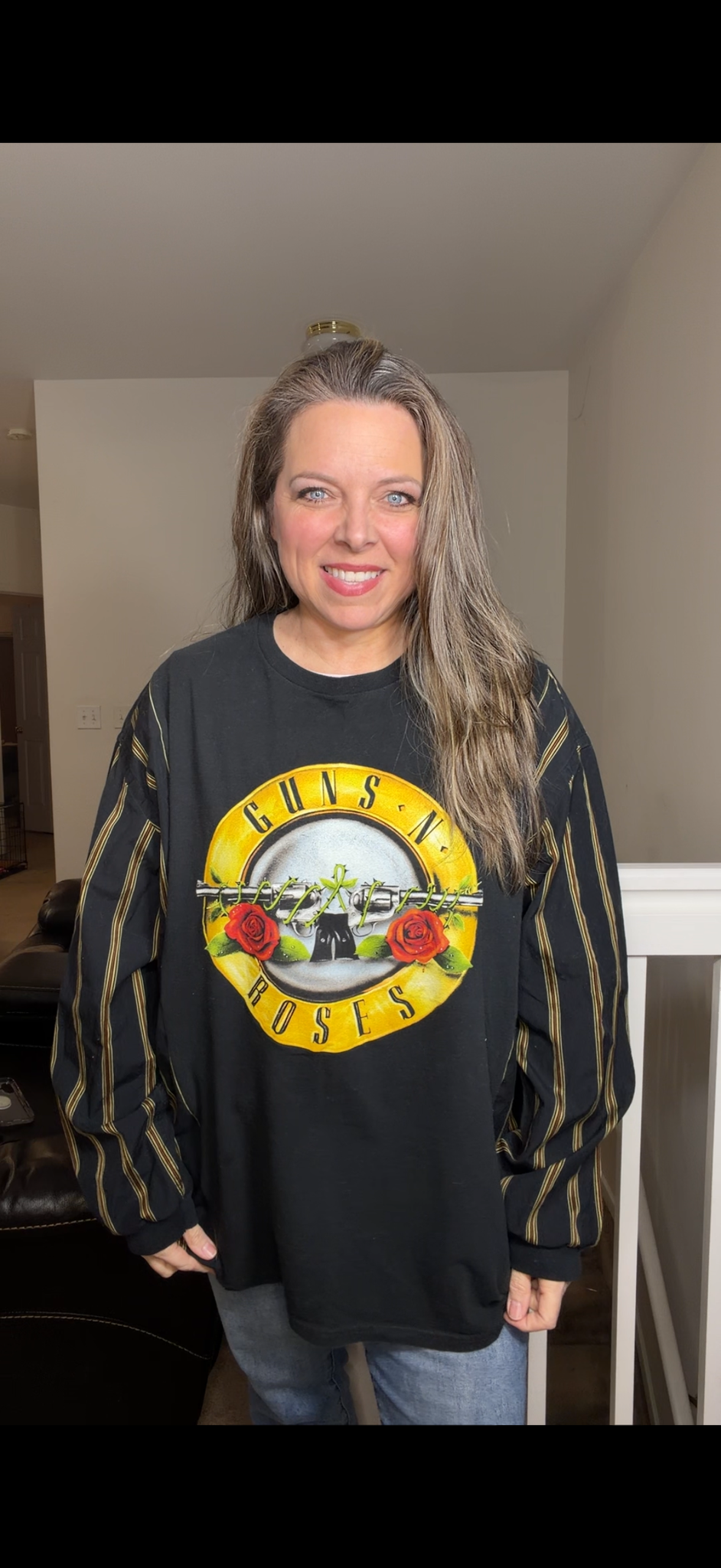 Upcycled Guns N' Roses – women's 2X long T-shirt with cotton sleeves