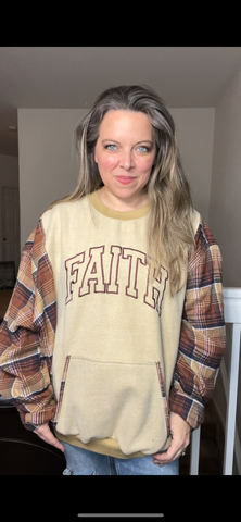 Upcycled Faith – women’s 4X midweight sweatshirt with flannel sleeves