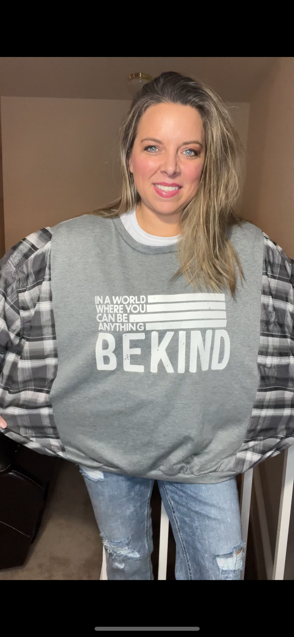 Upcycled Be Kind –￼ Women’s 2X – thin French terry sweatshirt with flannel sleeves￼