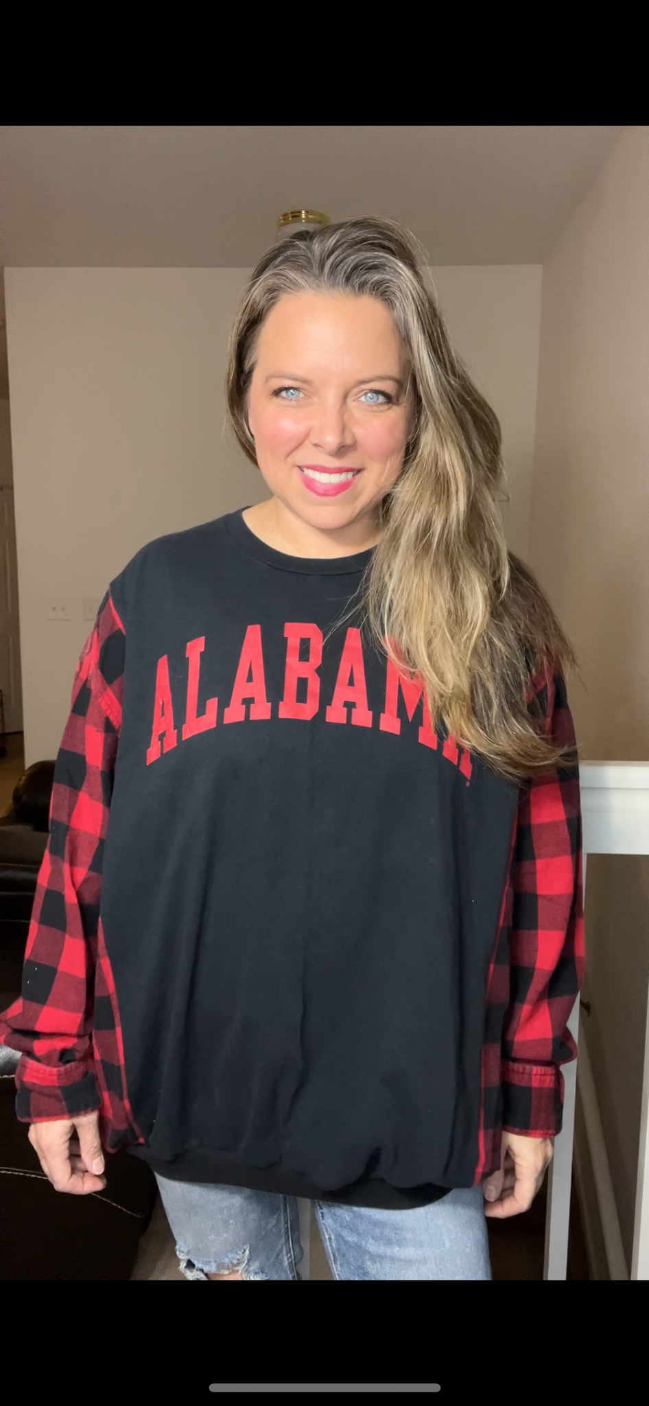 Upcycled Alabama – women’s 2X – T-shirt with flannel sleeves￼