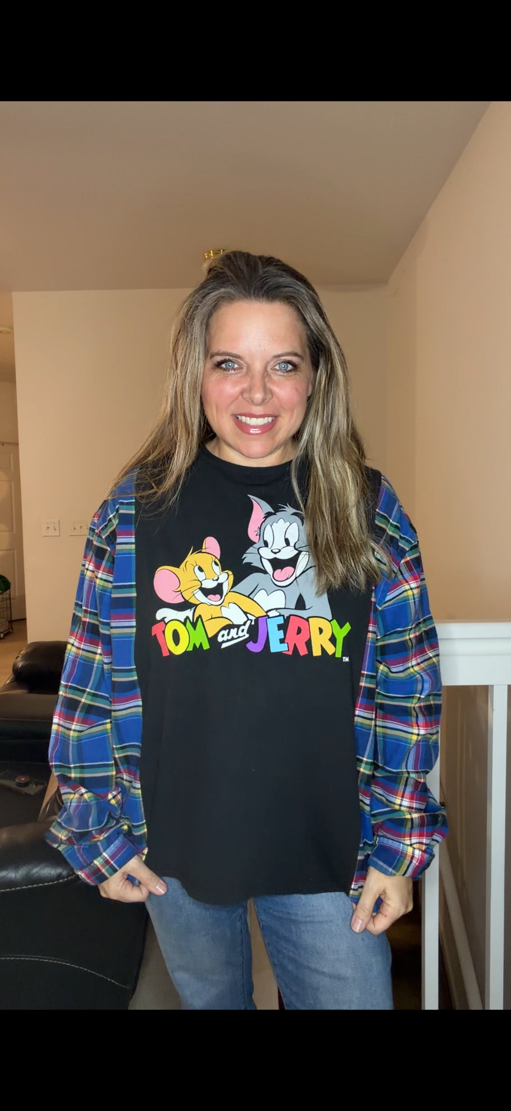 Upcycled Tom and Jerry - women's medium/large T-shirt with flannel sleeves