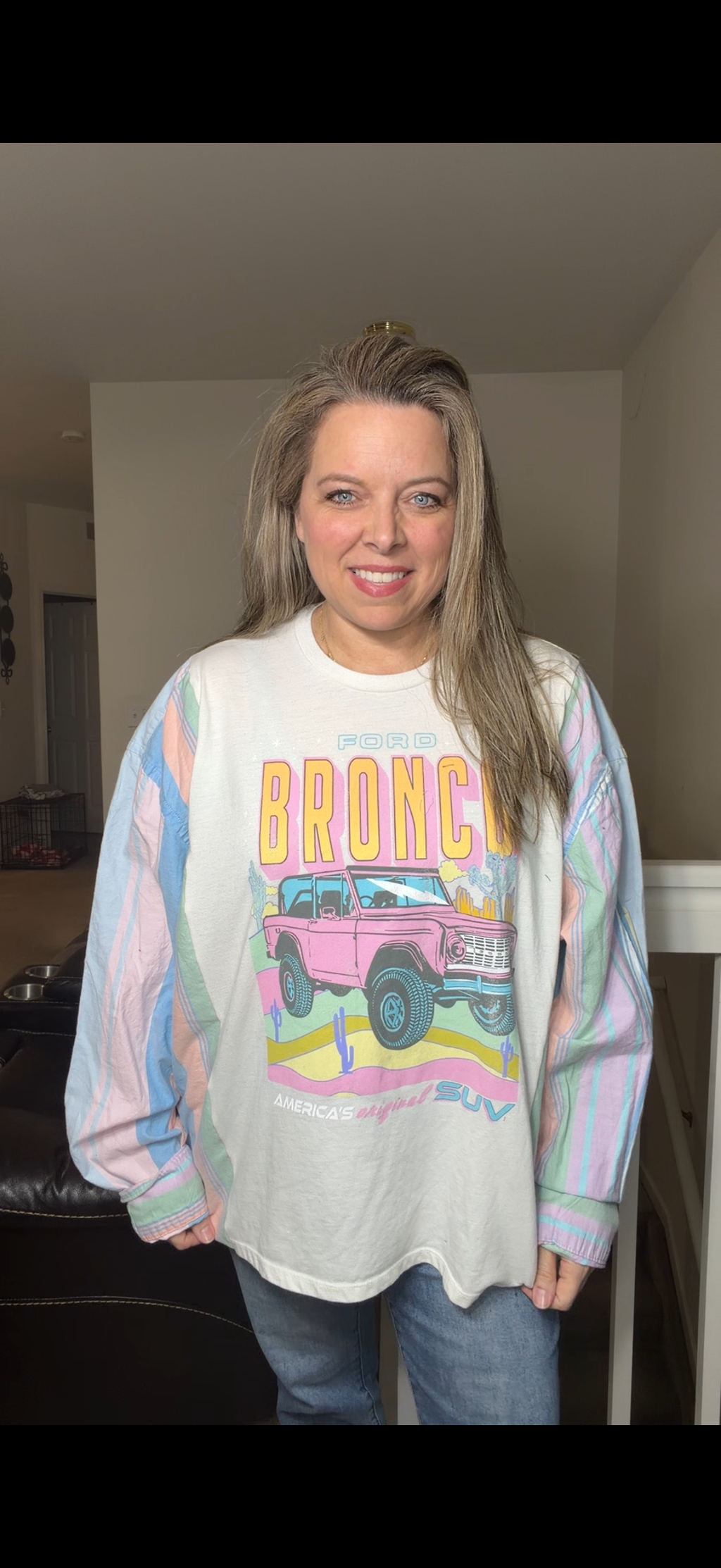 Upcycled Bronco- women's 2X/3X T-shirt with cotton sleeves