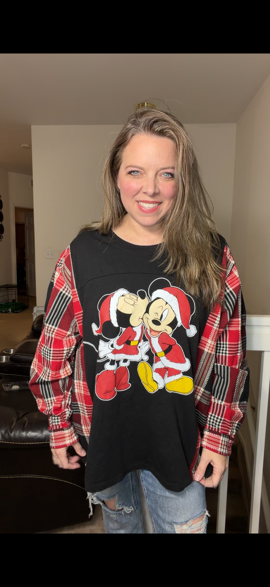 Upcycled Mickey – women's 2X T-shirt with flannel sleeves ￼