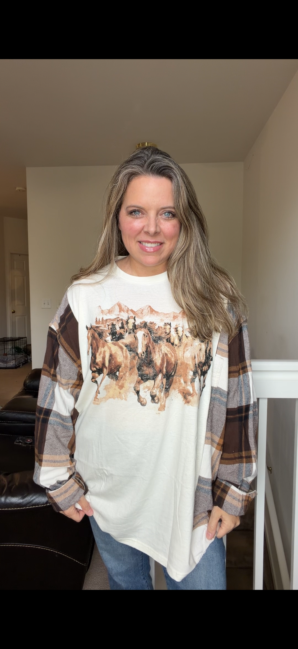 Upcycled Horses - women's 5X T-shirt with flannel sleeves ￼