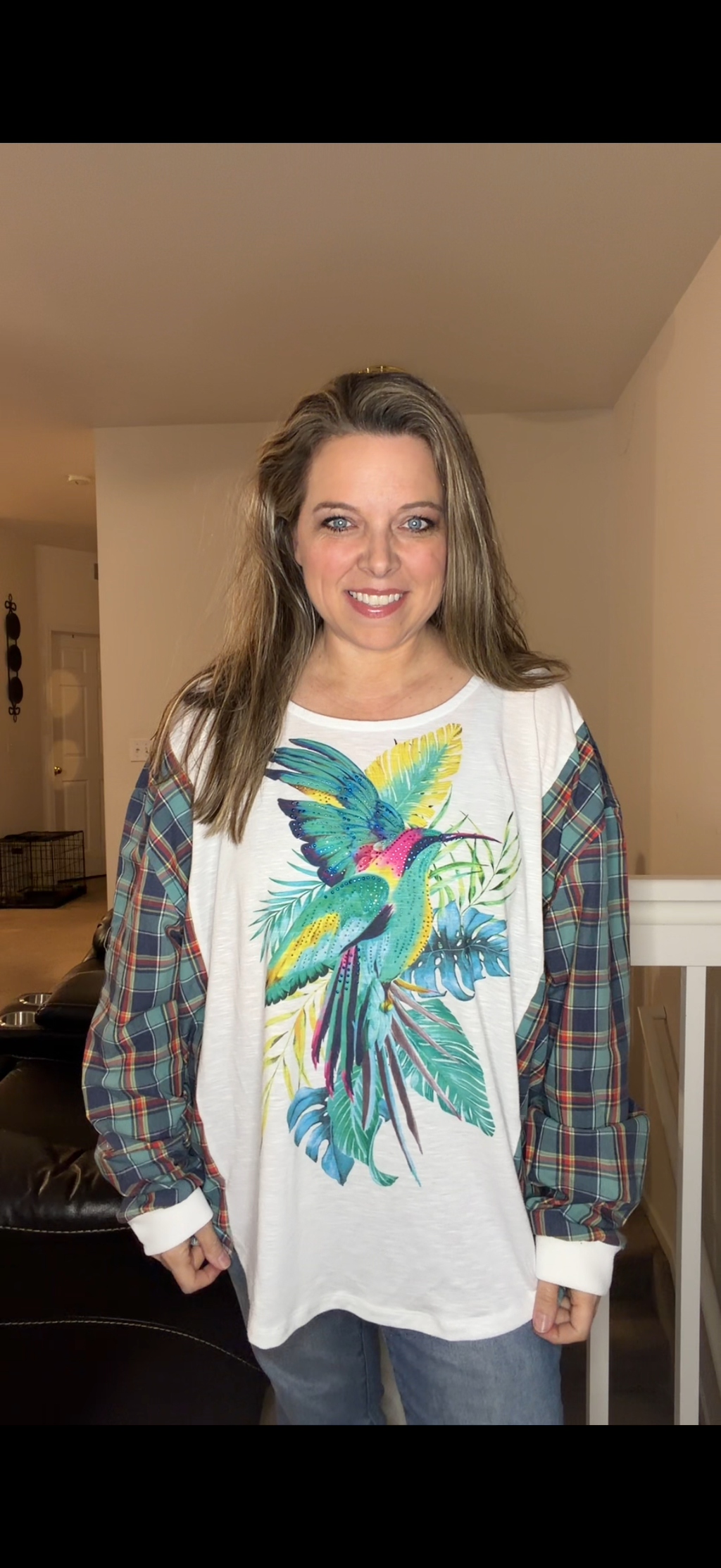 Upcycled Hummingbird - women's 2X thin T-shirt with cotton sleeves