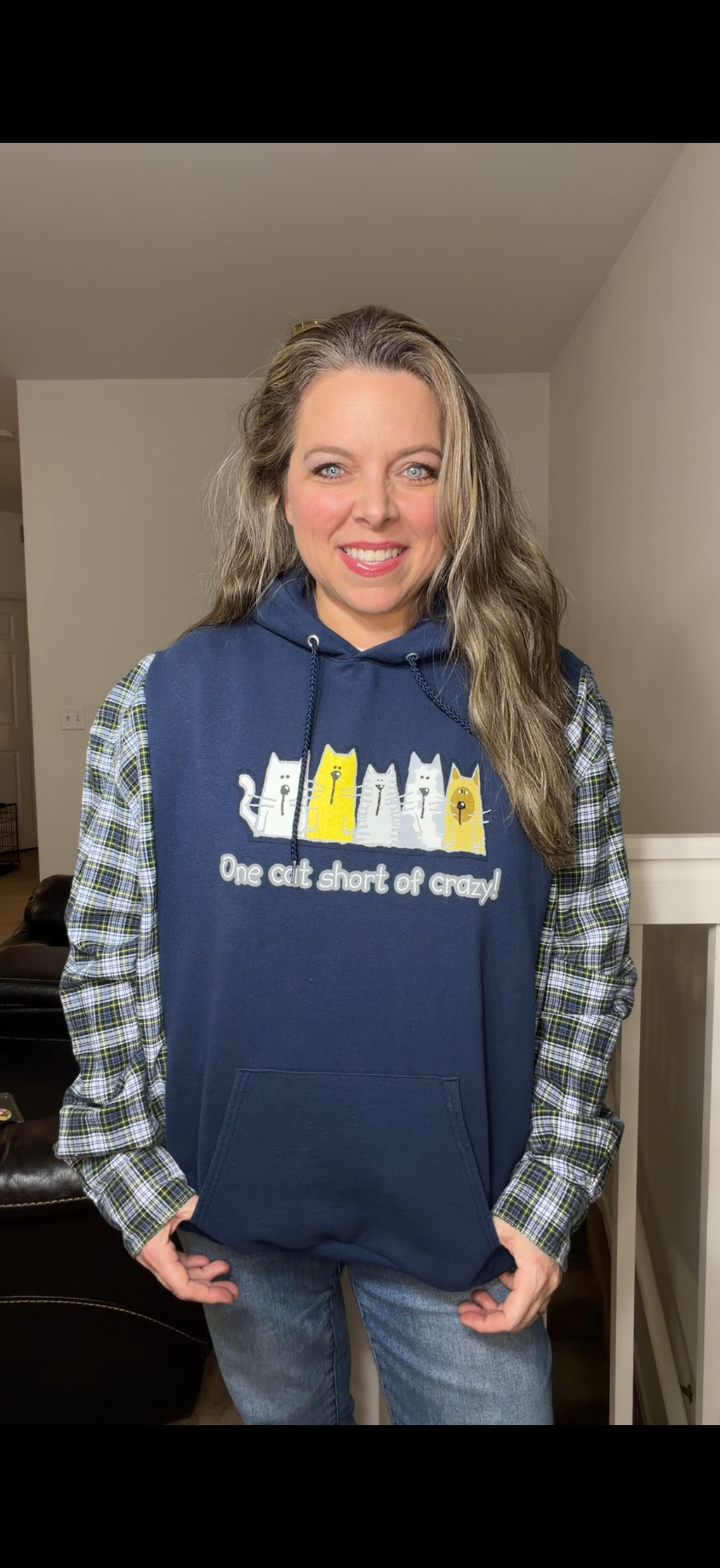 Upcycled Cats - women's 1X/2X midweight sweatshirt with flannel sleeves
