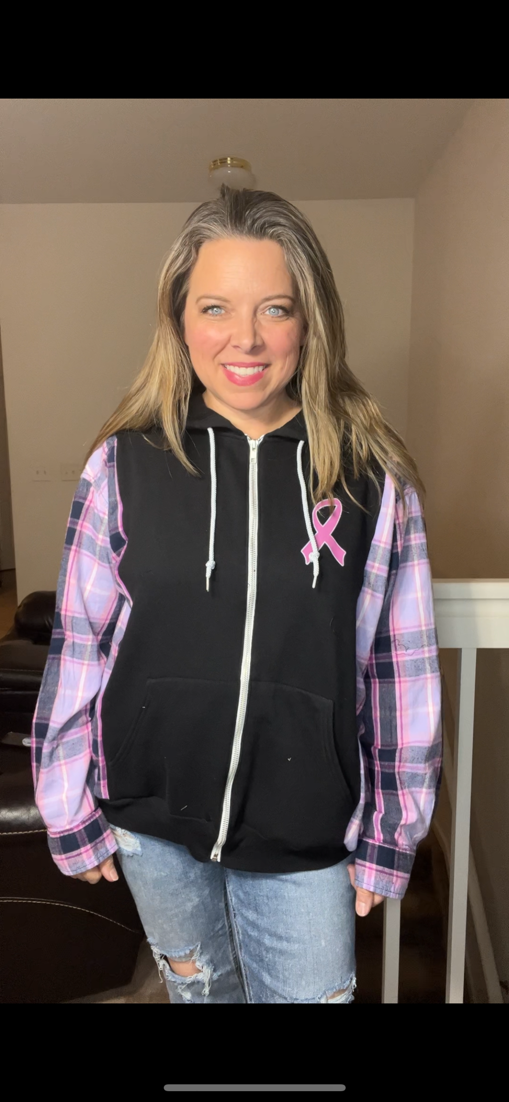 Upcycled Cancer Ribbon – women’s L/XL – midweight sweatshirt with flannel sleeves