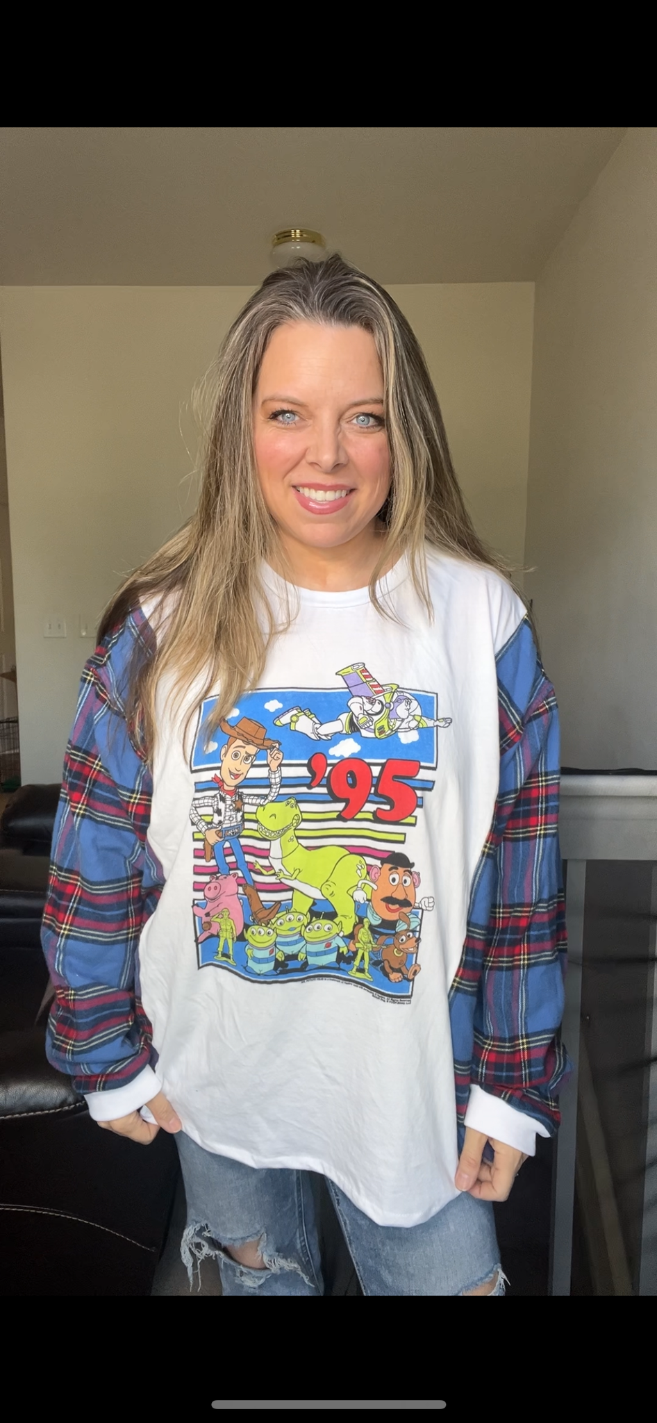 Upcycled Toy story – women’s 3X/4X T-shirt with flannel sleeves