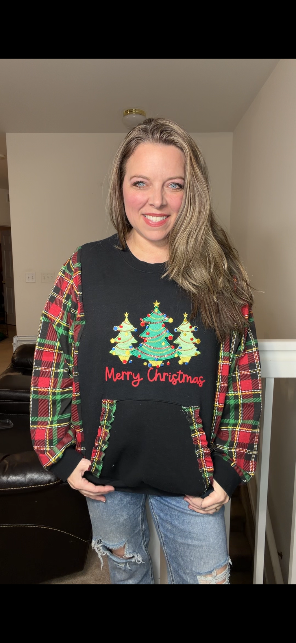 Upcycled Sparkle Trees – women's large midweight sweatshirt with stretch sleeves ￼