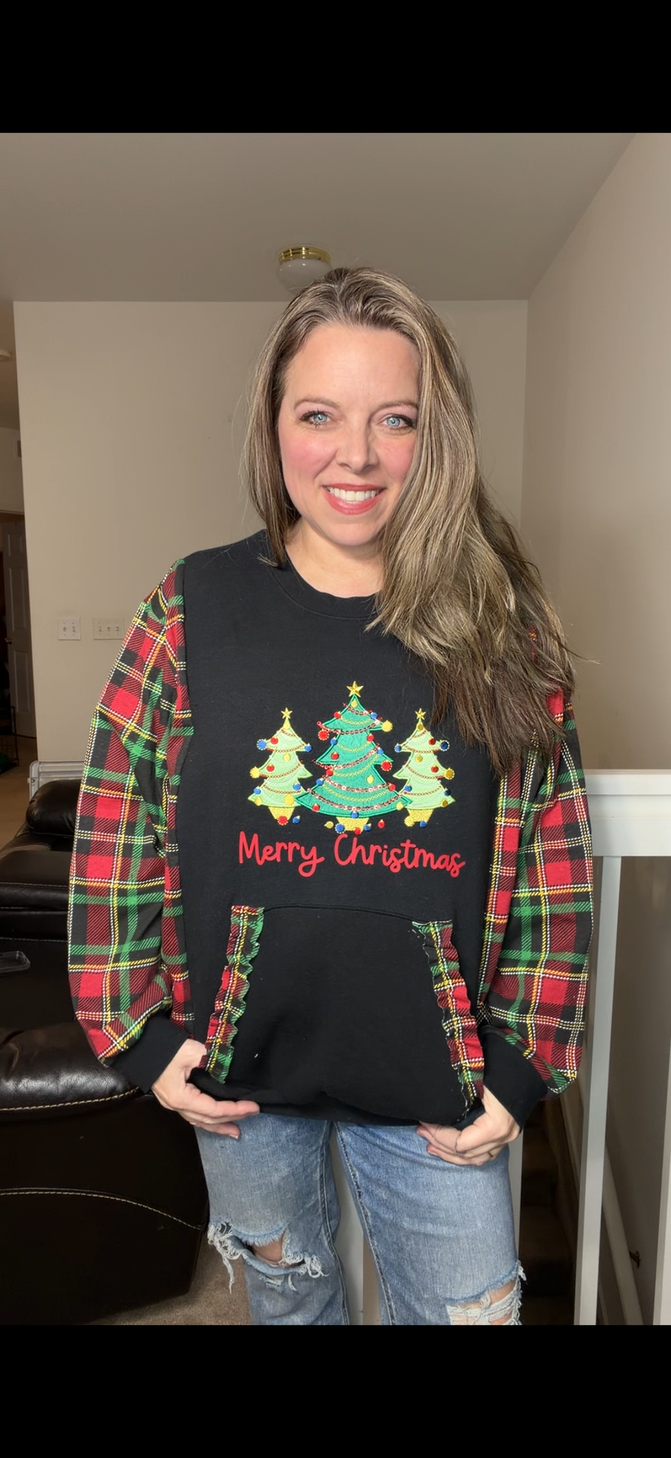 Upcycled Sparkle Trees – women's large midweight sweatshirt with stretch sleeves ￼