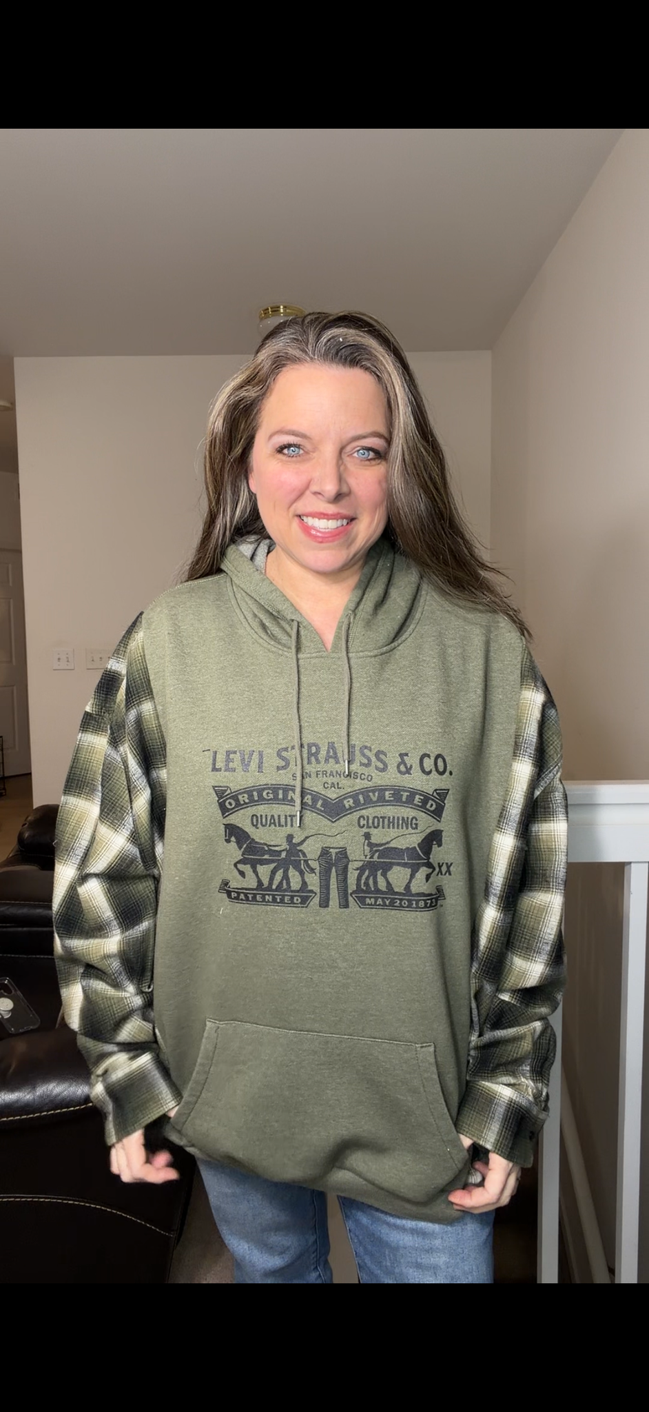 Upcycled Levi - women's 3X/4X midweight sweatshirt with flannel sleeves