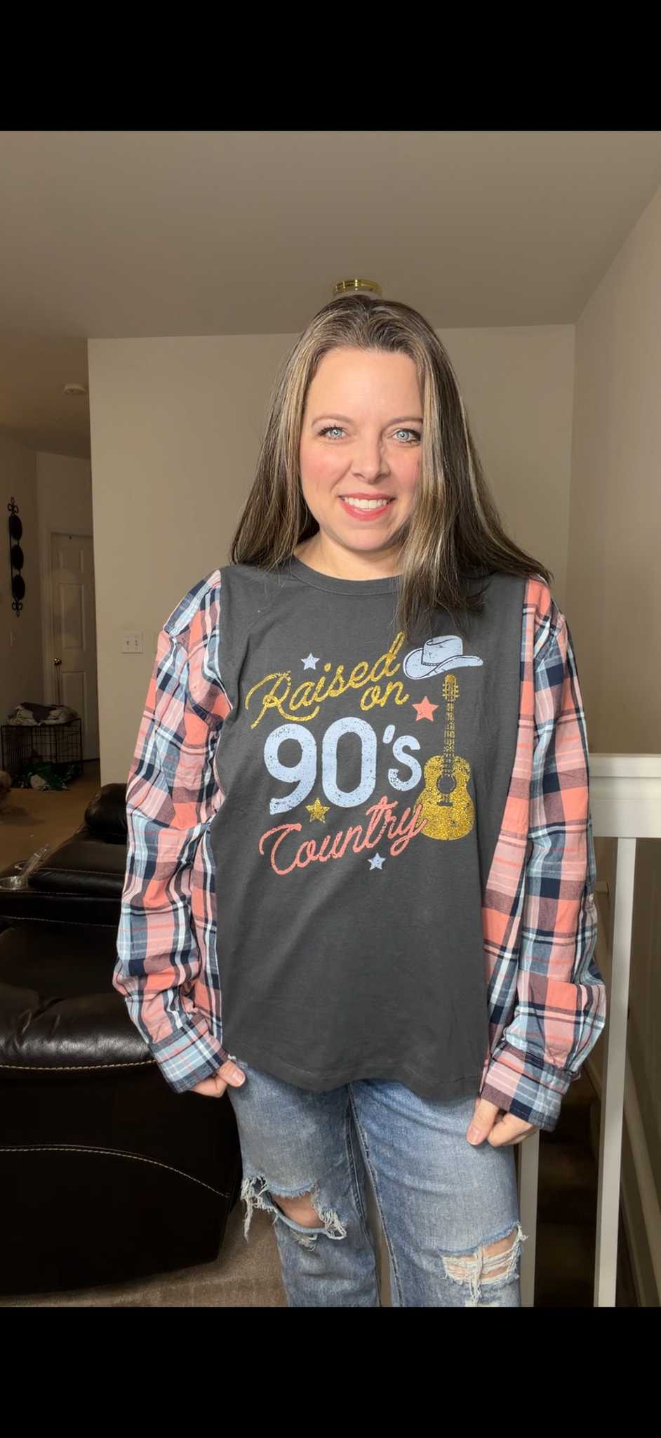 Upcycled 90's Country - women's XL T-shirt with flannel sleeves