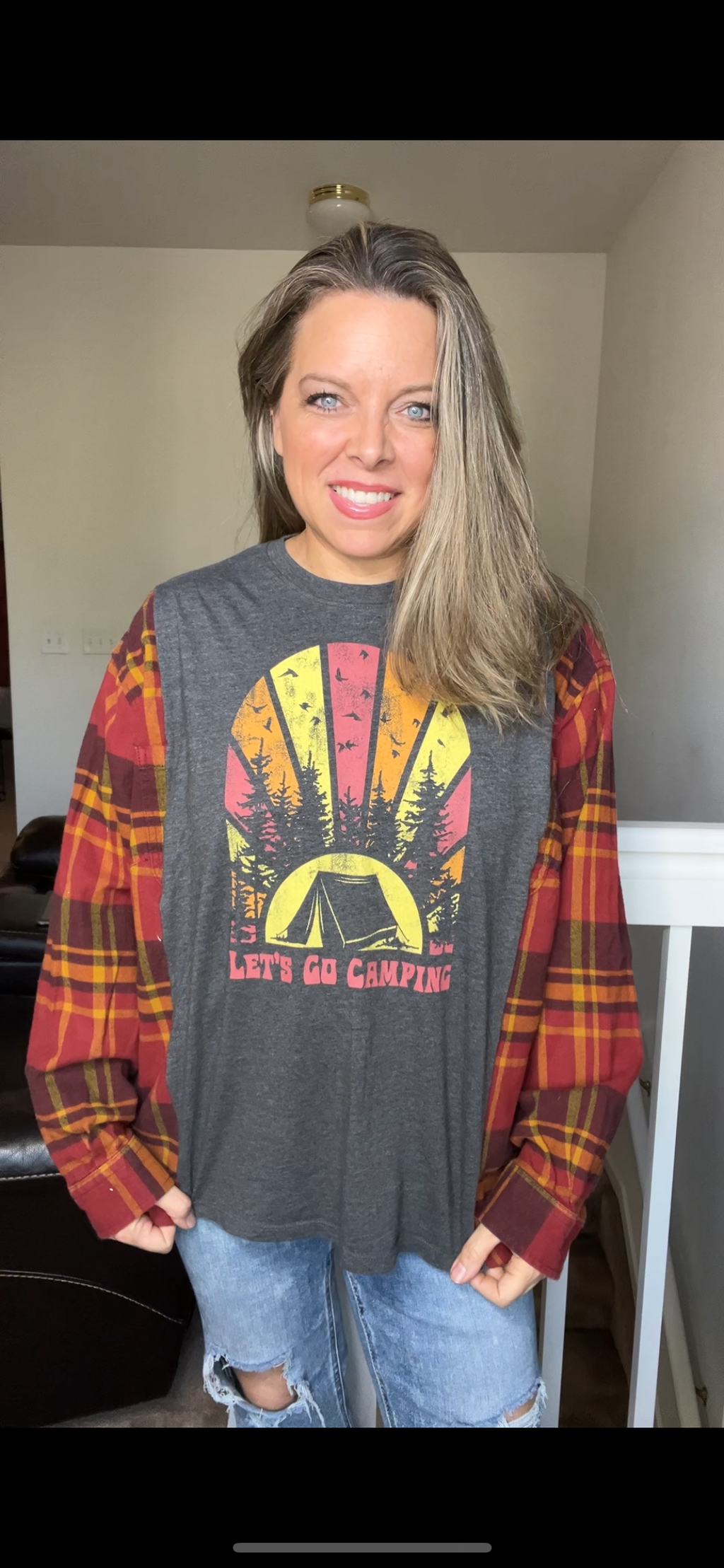 Upcycled Camping – women’s large/XL T-shirt with flannel sleeves