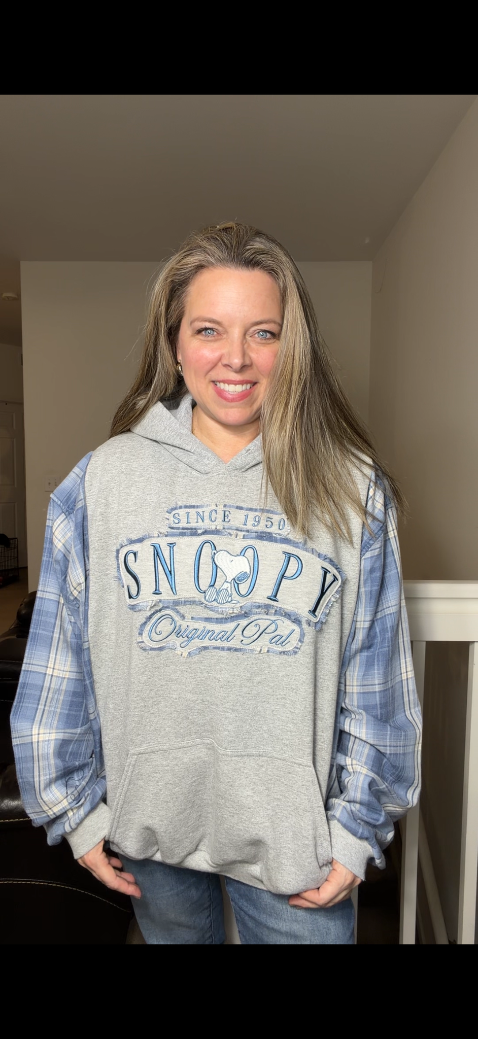 Upcycled Snoopy - women's 2X/3X midweight sweatshirt with flannel sleeves