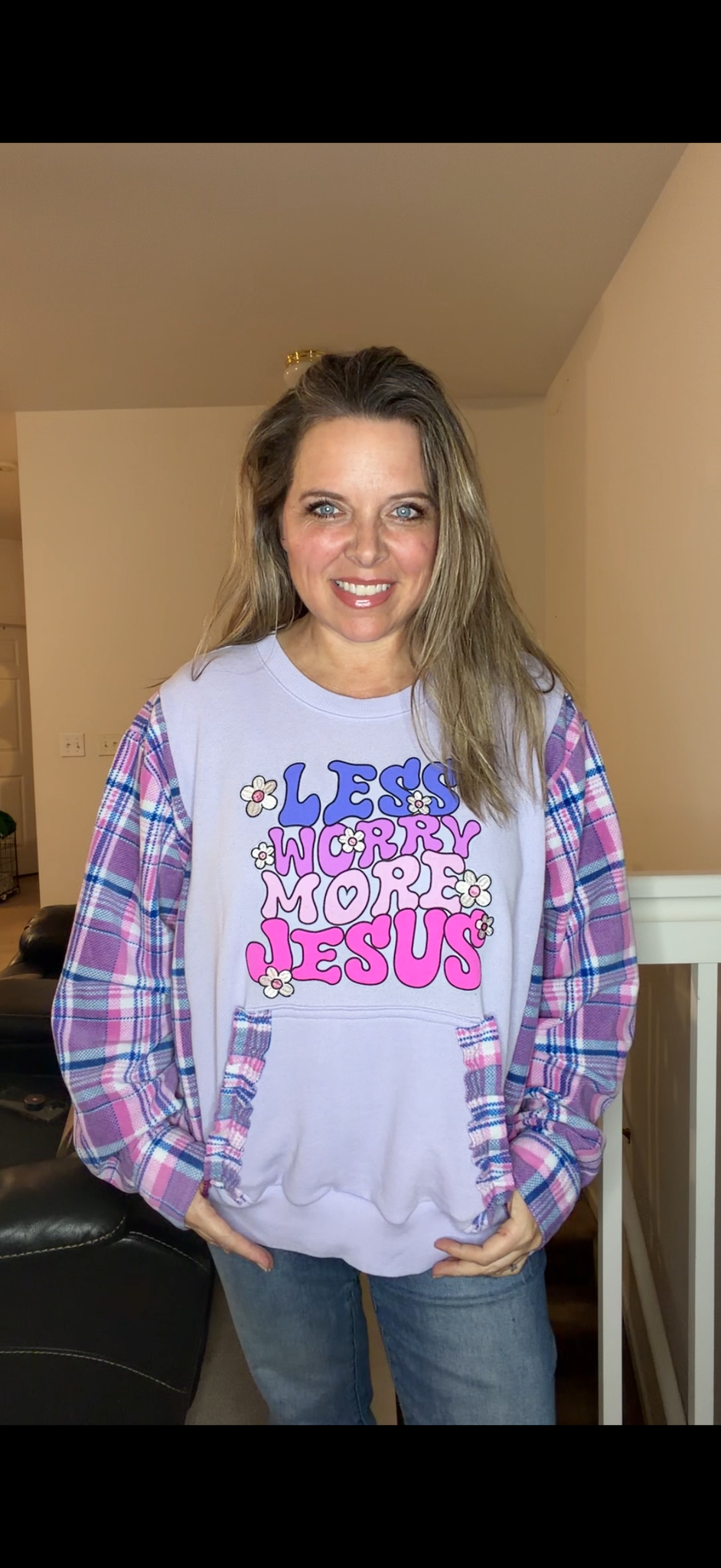 Upcycled More Jesus - women's XL/1X French Terry sweatshirt with flannel sleeves