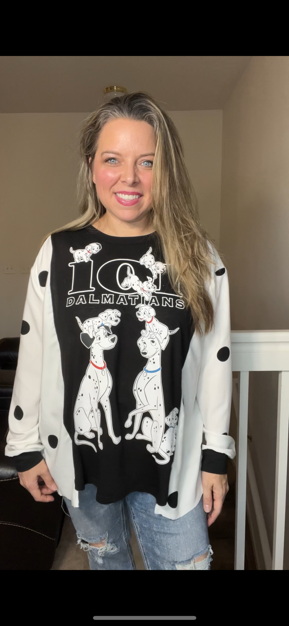 Upcycled Dalmatians – women’s XL – T-shirt with sheer sleeves – sleeves are more fitted￼