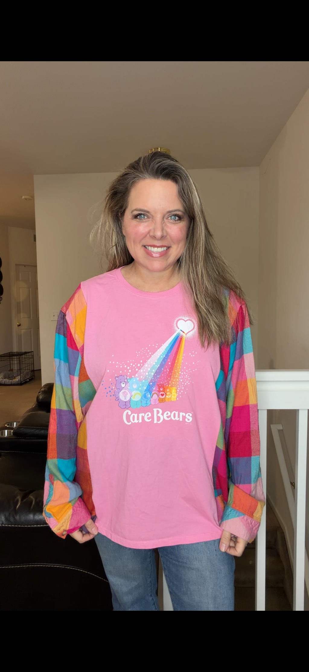 Upcycled Carebears - women's XL T-shirt with thin flannel sleeves