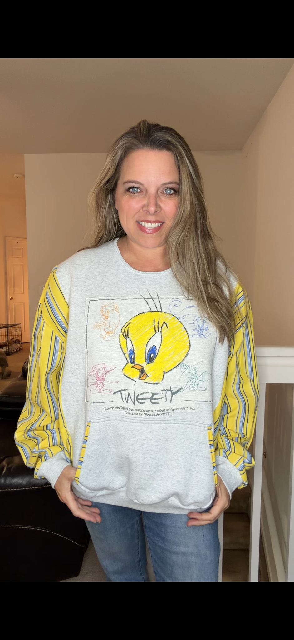 Upcycled Tweety - women's XL midweight sweatshirt with cotton sleeves
