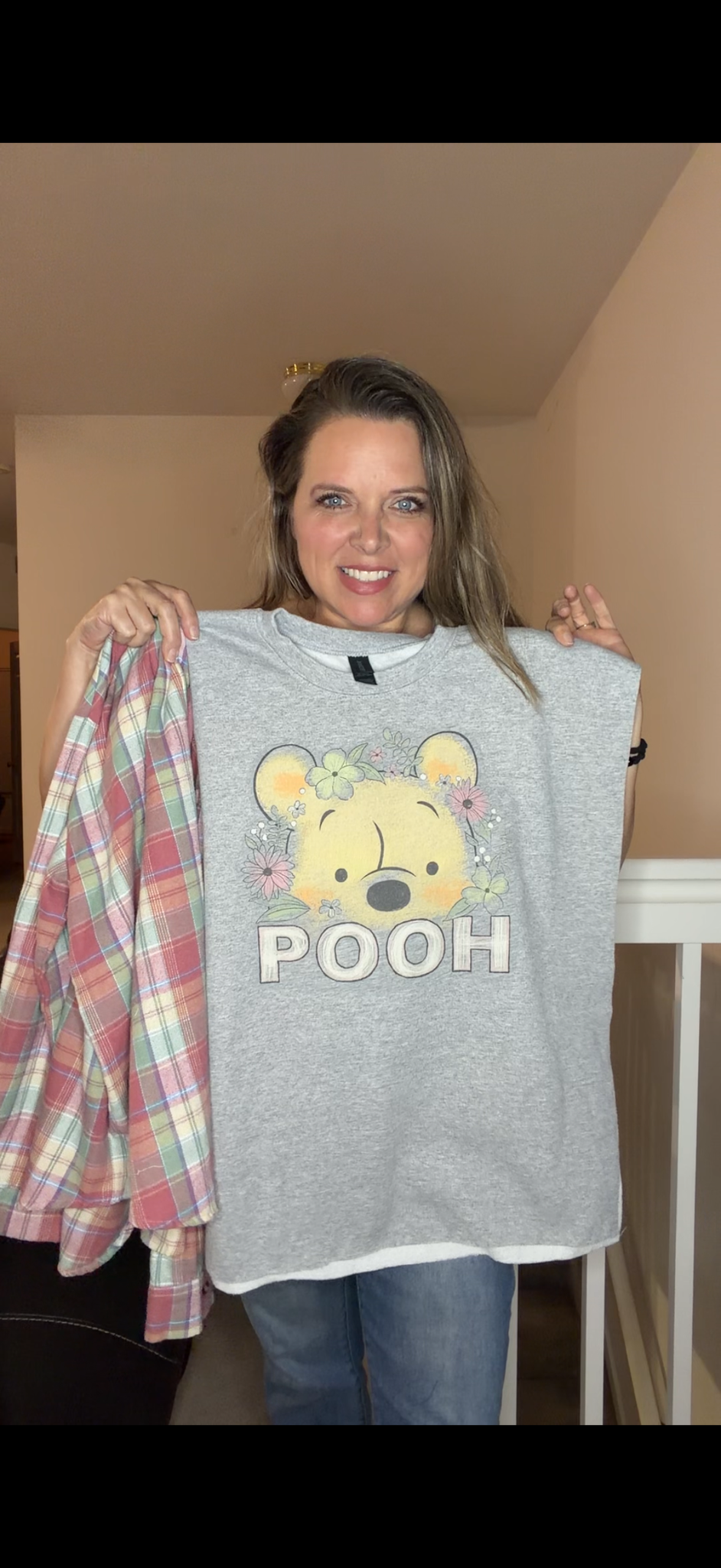 Upcycled Pooh - pick size between woman's XS/5X - midweight Sweatshirt with flannel sleeves