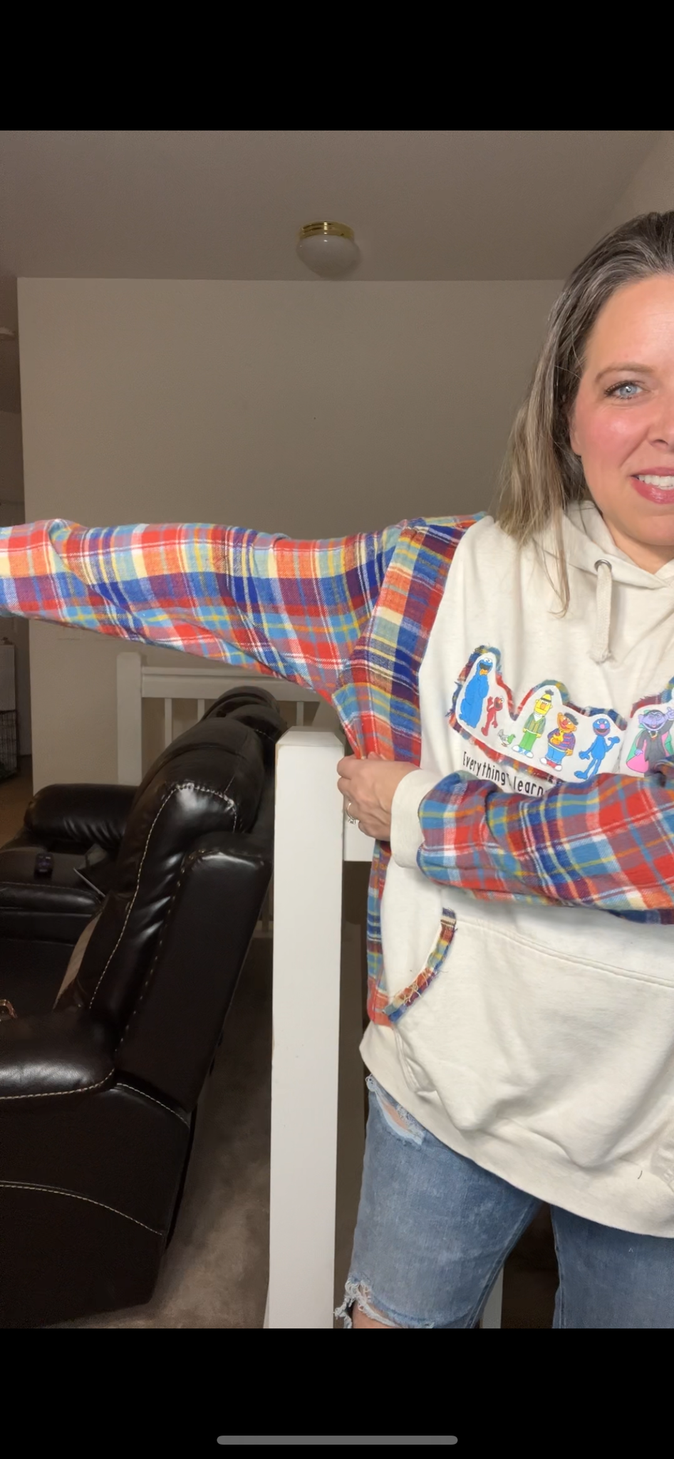 Upcycled Sesame Street – women’s 1X midweight sweatshirt with flannel sleeves