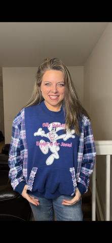 Upcycled Silly Rabbit - women's medium midweight sweatshirt with flannel sleeves