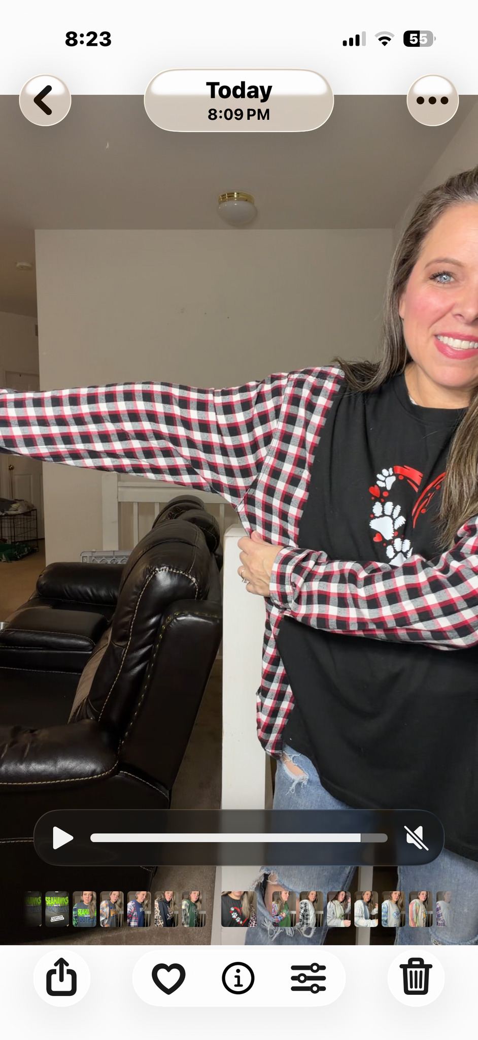 Upcycled Dog Heart women's L/XL T-shirt with flannel sleeves