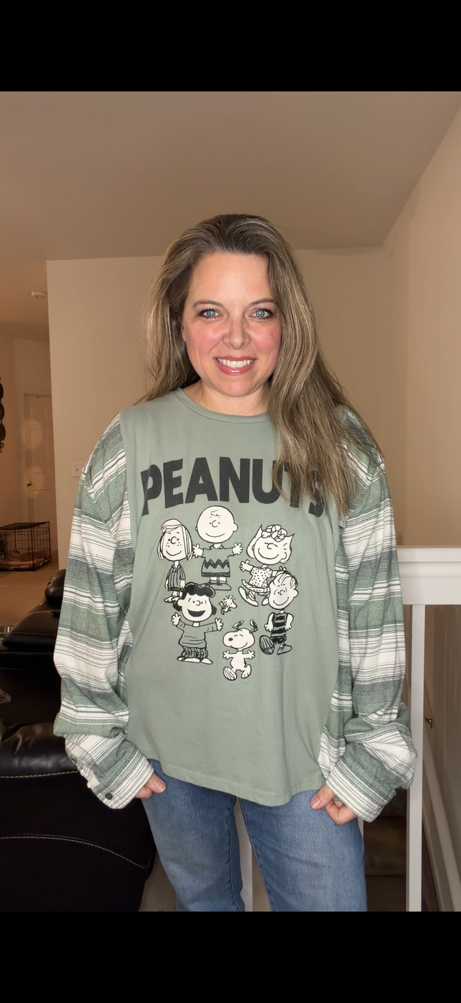 Upcycled Peanuts - women's large/XL T-shirt with flannel sleeves