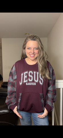 Upcycled Jesus Saves - women's medium/large midweight sweatshirt with flannel sleeves