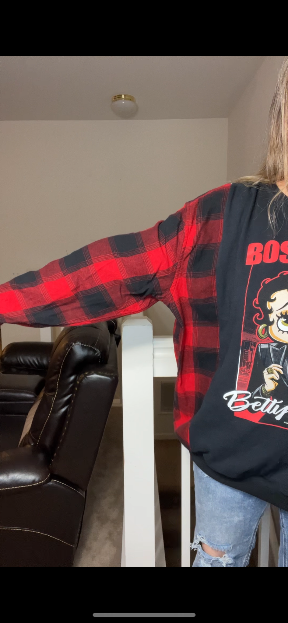 Upcycled Betty Boop – women’s 3X – T-shirt with flannel sleeves