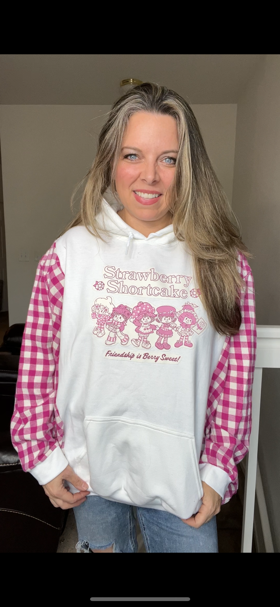 Upcycled Strawberry shortcake – women’s 3X midweight sweatshirt with flannel sleeves