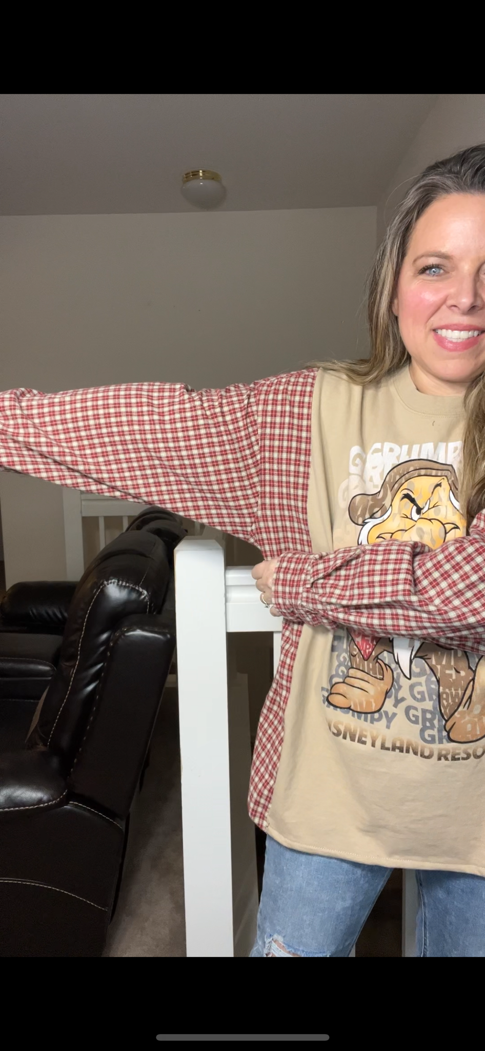 Upcycled Grumpy – woman’s 2X long – T-shirt with flannel sleeves