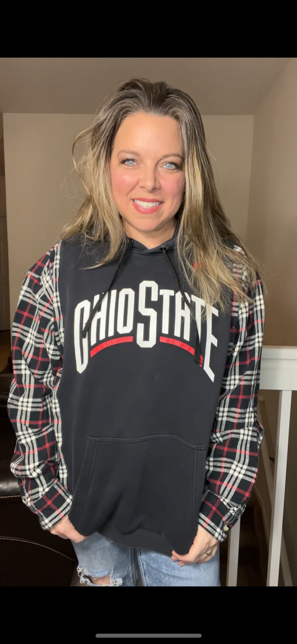 Upcycled Ohio State – women’s XL/1X – middleweight sweatshirt with flannel sleeves