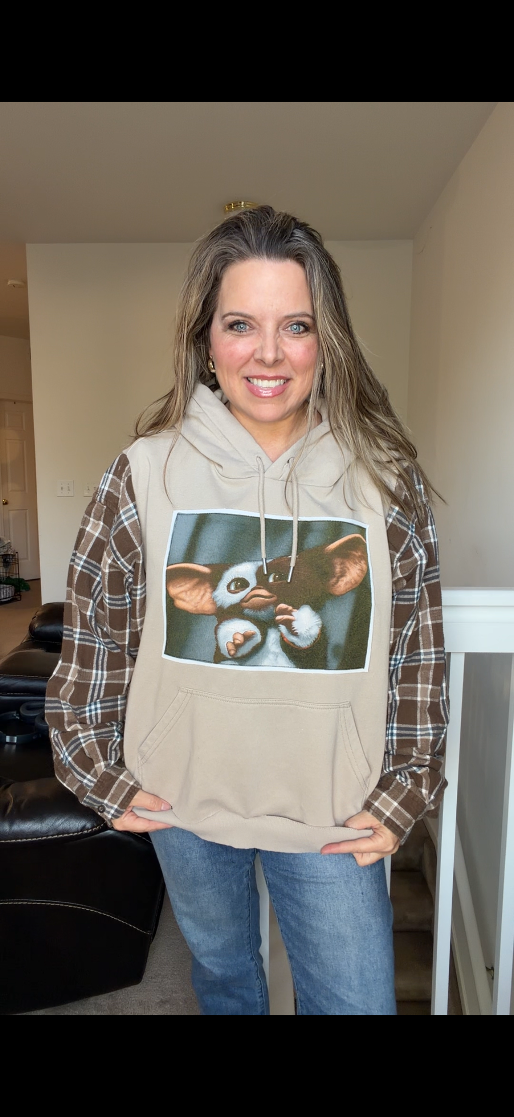 Upcycled Gizmo - women's large midweight sweatshirt with flannel sleeves