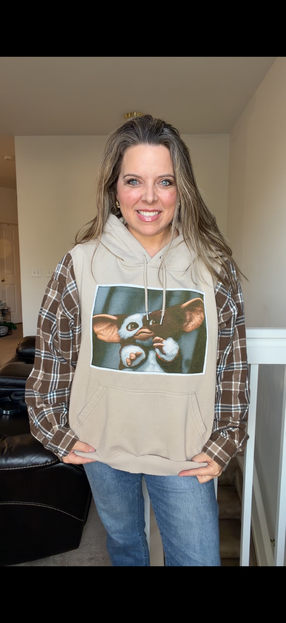 Upcycled Gizmo - women's large midweight sweatshirt with flannel sleeves