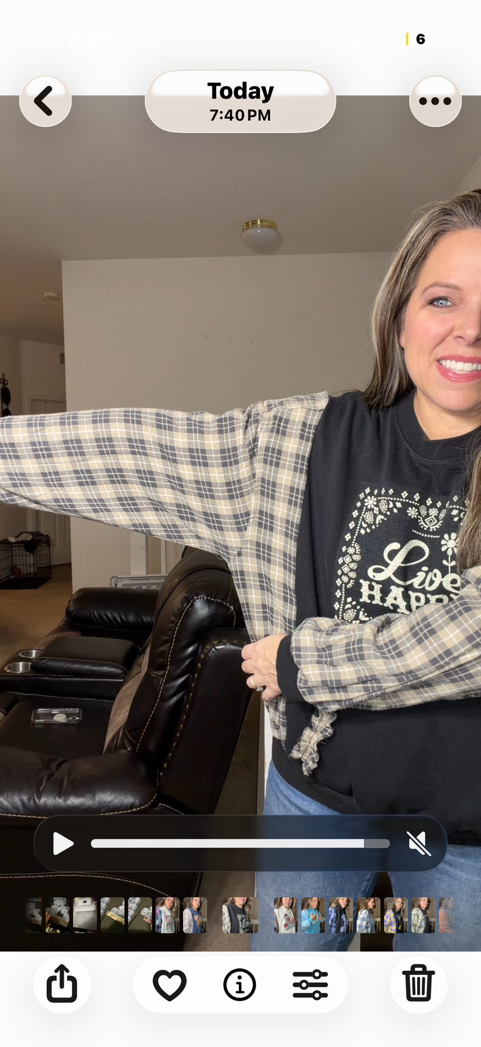 Upcycled Live Happy - women's large- midweight sweatshirt with flannel sleeves ￼