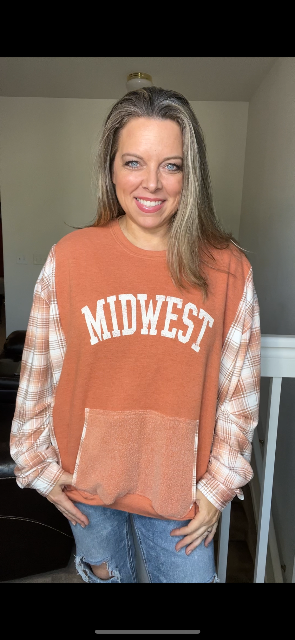 Upcycled Midwest – women’s XL/OneX midweight sweatshirt with stretchy sleeves