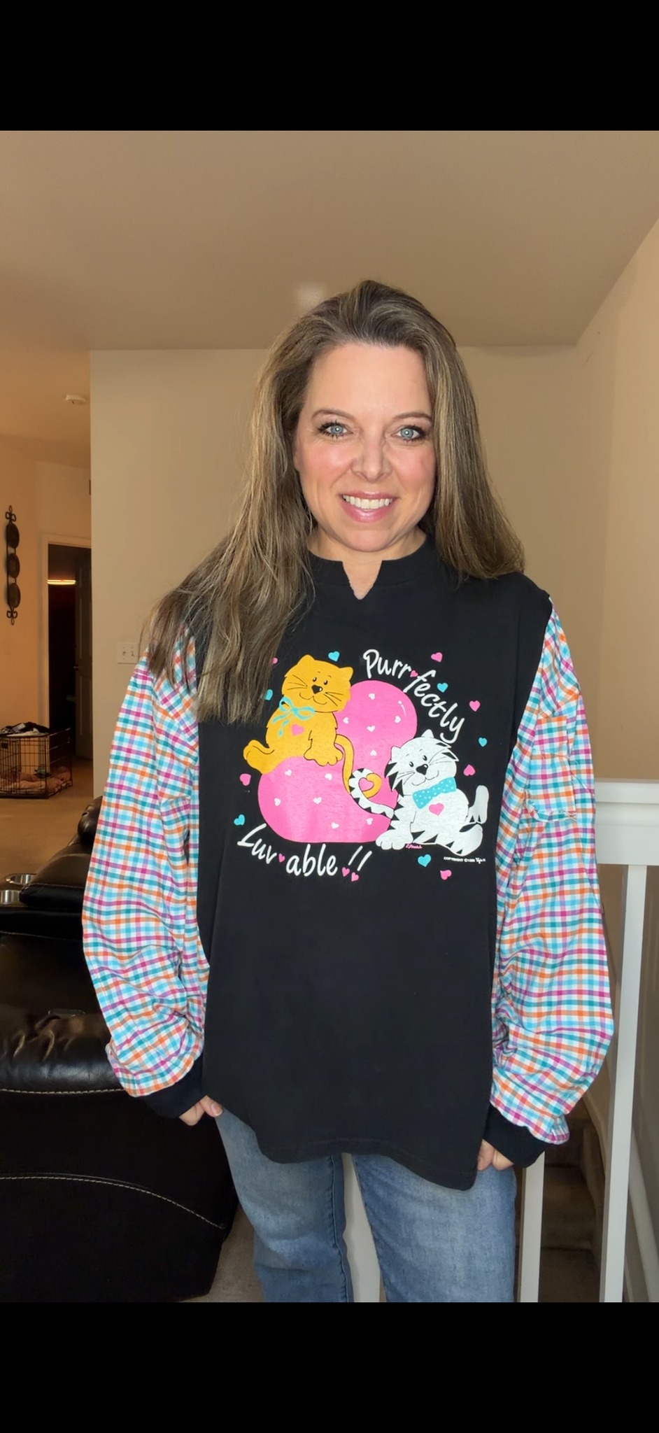 Upcycled Purrfect - women's 2X T-shirt with cotton sleeves