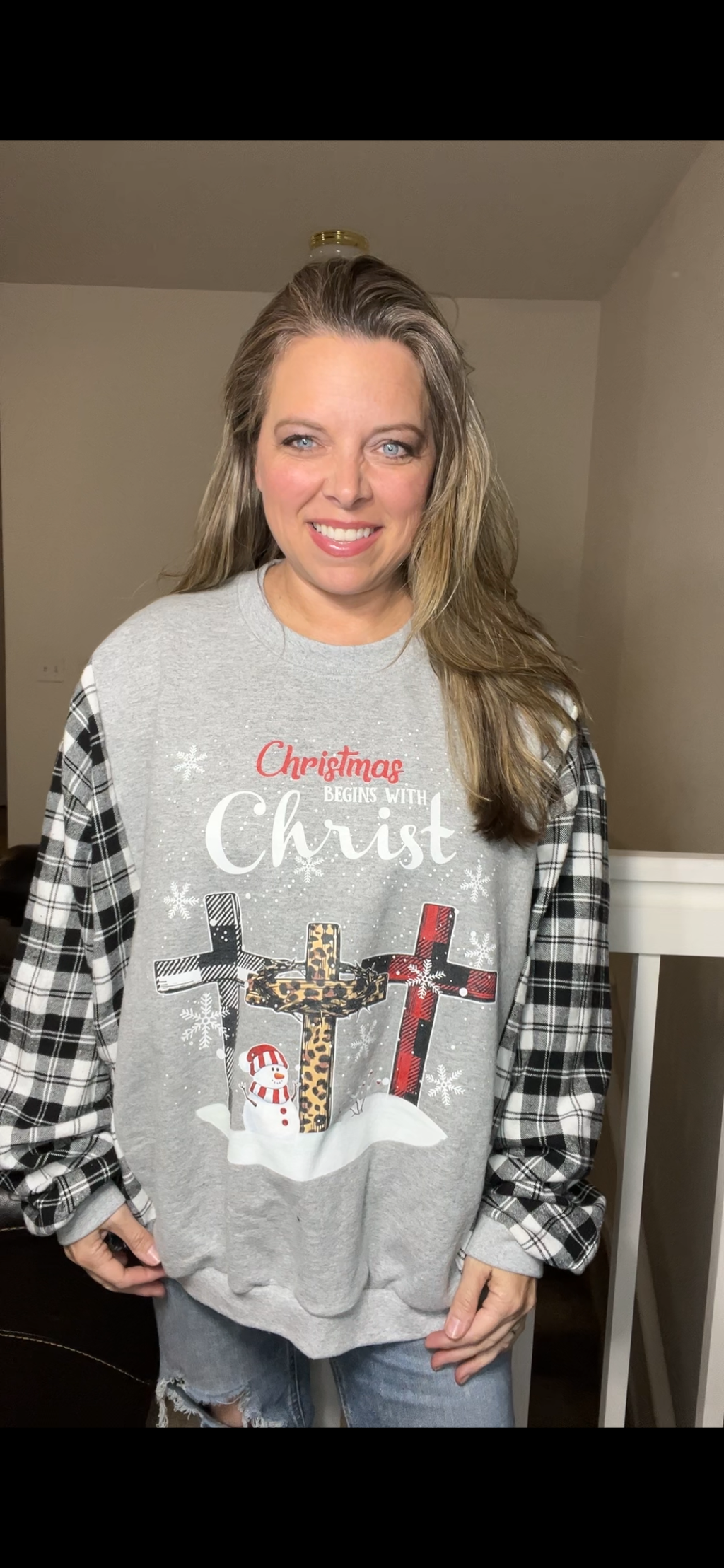 Upcycled Christ – women’s 3X/4X midweight sweatshirt with flannel sleeves