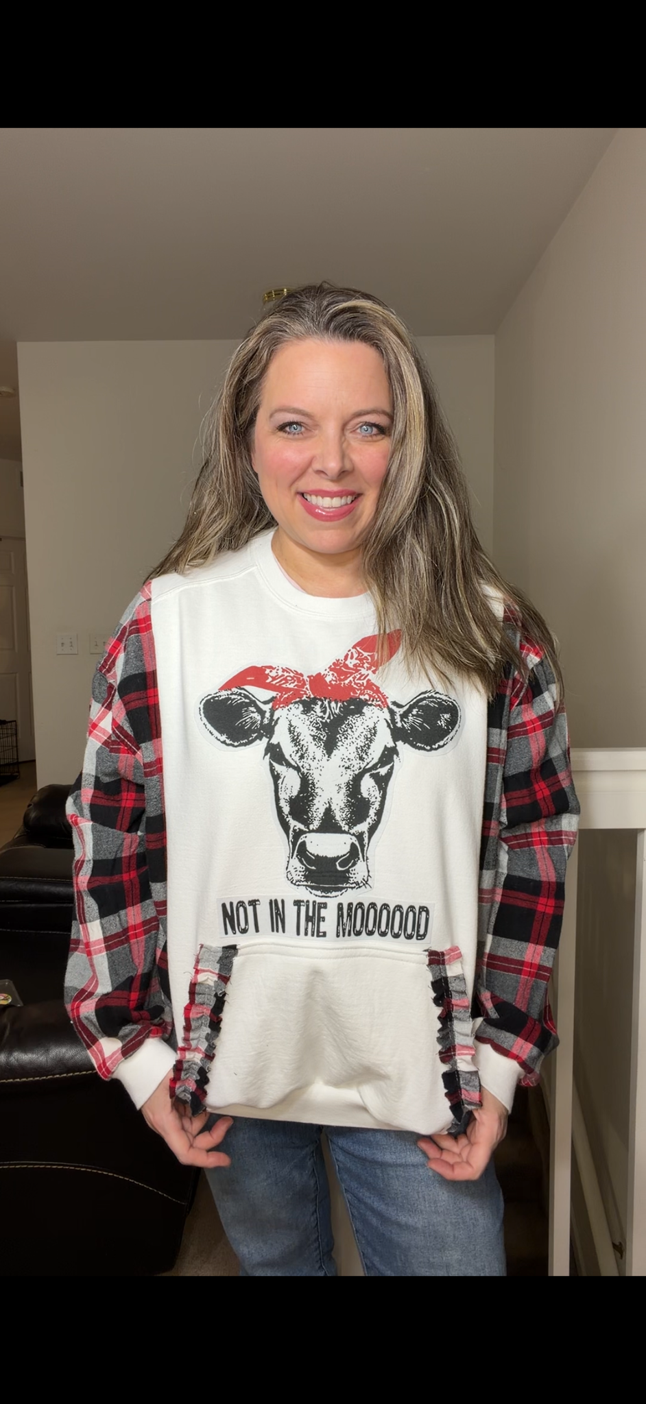 Upcycled Moood - women's large midweight sweatshirt with flannel sleeves