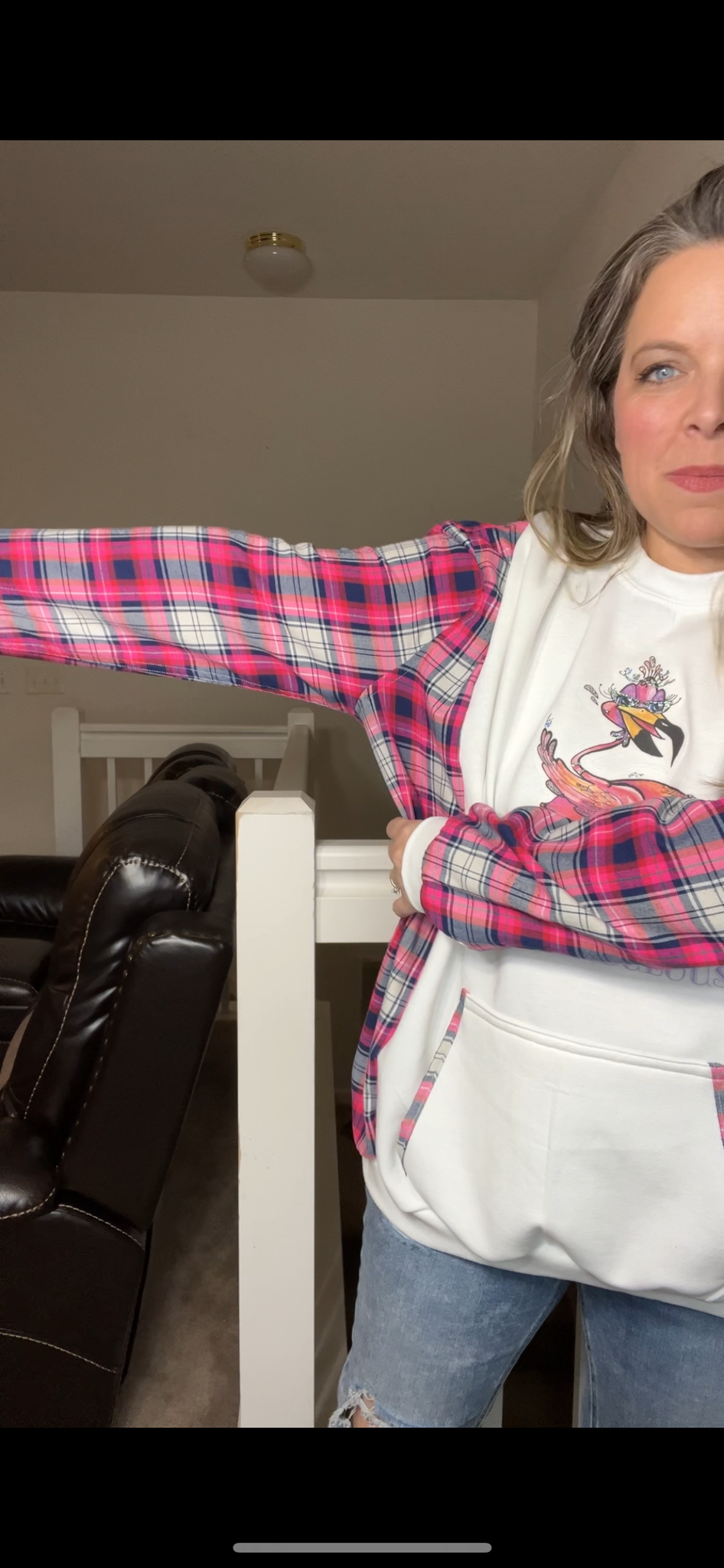 Upcycled flamingo – women’s 3X midweight sweatshirt with flannel sleeves – sleeves more narrow