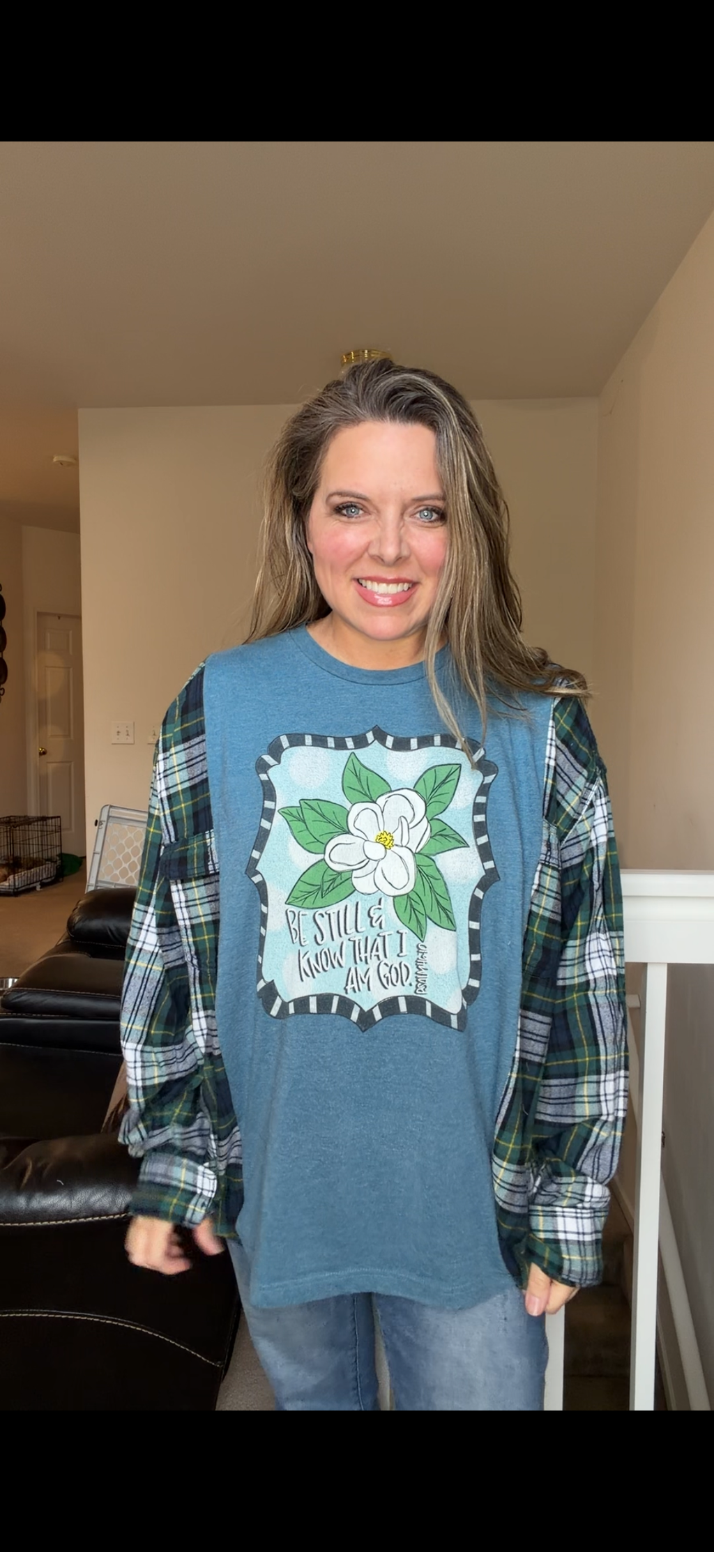 Upcycled Be Still - women's 2X T-shirt with flannel sleeves