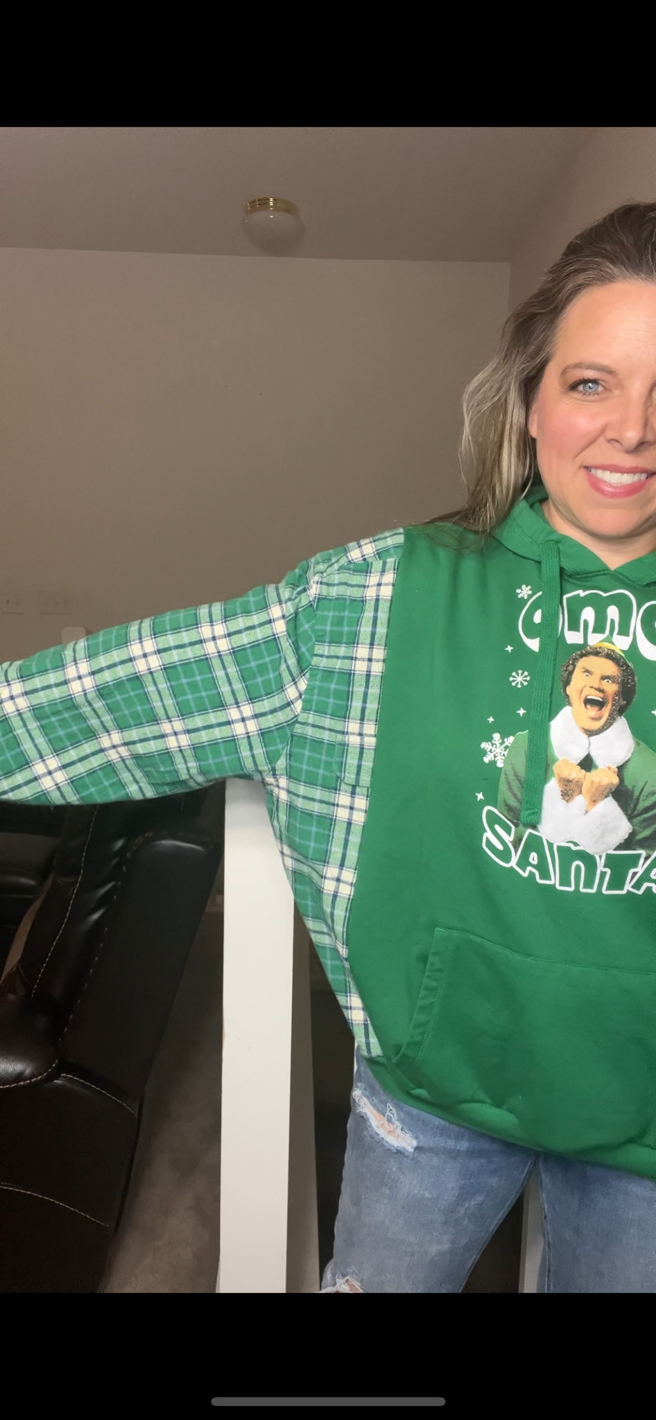 Upcycled Elf – women’s large – midweight sweatshirt with flannel sleeves