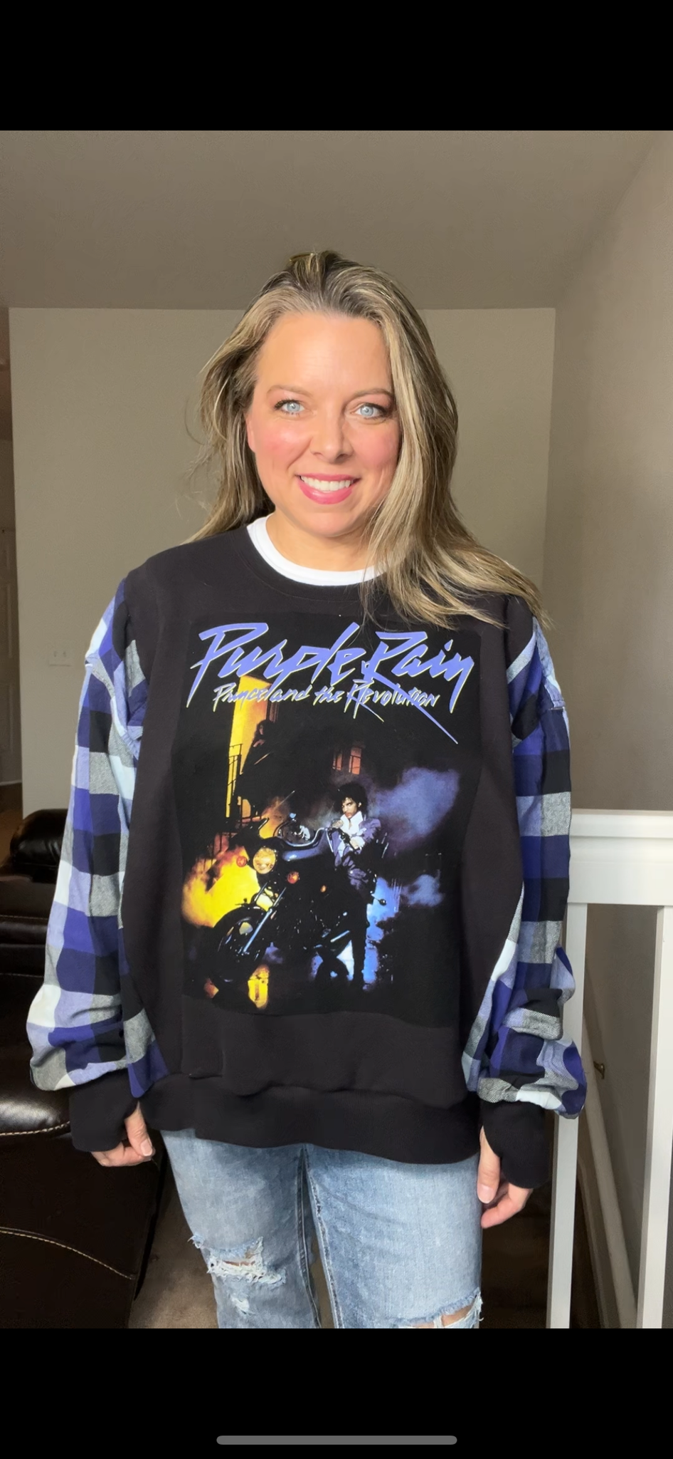 Upcycled Purple Rain - woman’s XL/1X - midweight sweatshirt with flannel sleeves ￼