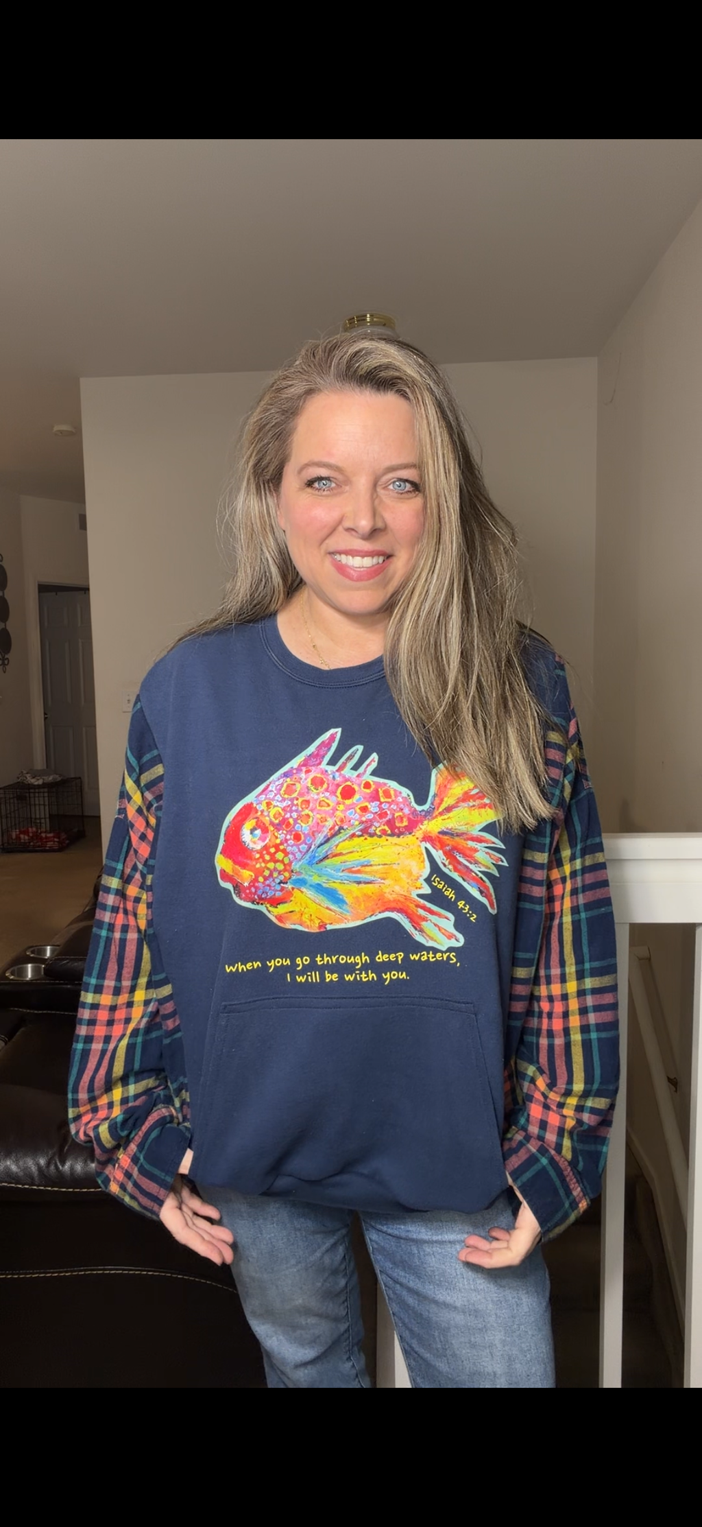Upcycled Fish - women's large/XL midweight sweatshirt with flannel sleeves