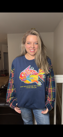 Upcycled Fish - women's large/XL midweight sweatshirt with flannel sleeves