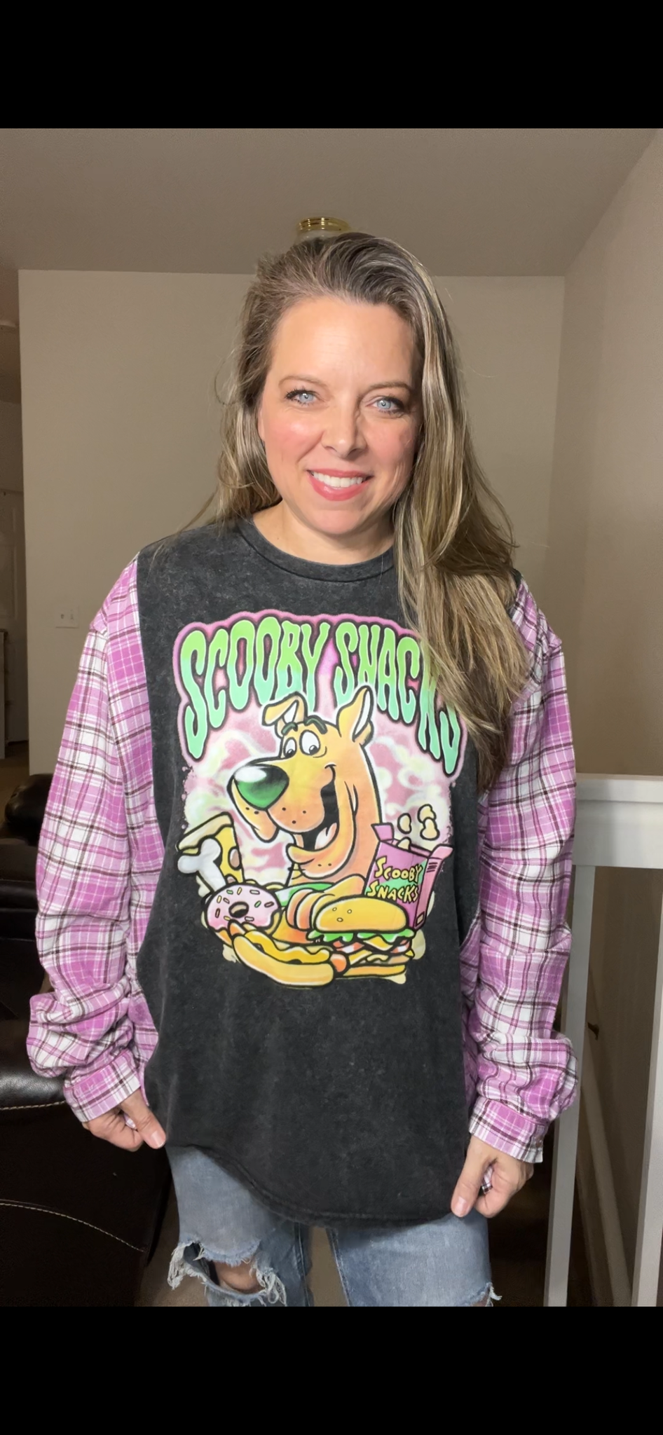 Upcycled Scooby snacks – women’s 3X T-shirt with flannel sleeves