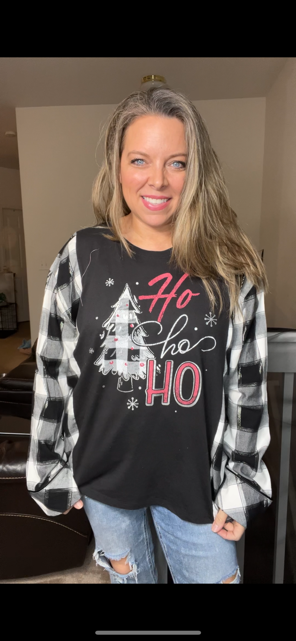 Upcycled Trees – women’s 1X T-shirt with flannel sleeves