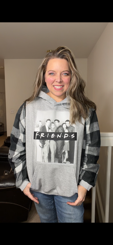 Upcycled Friends – women's large midweight sweatshirt with flannel sleeves